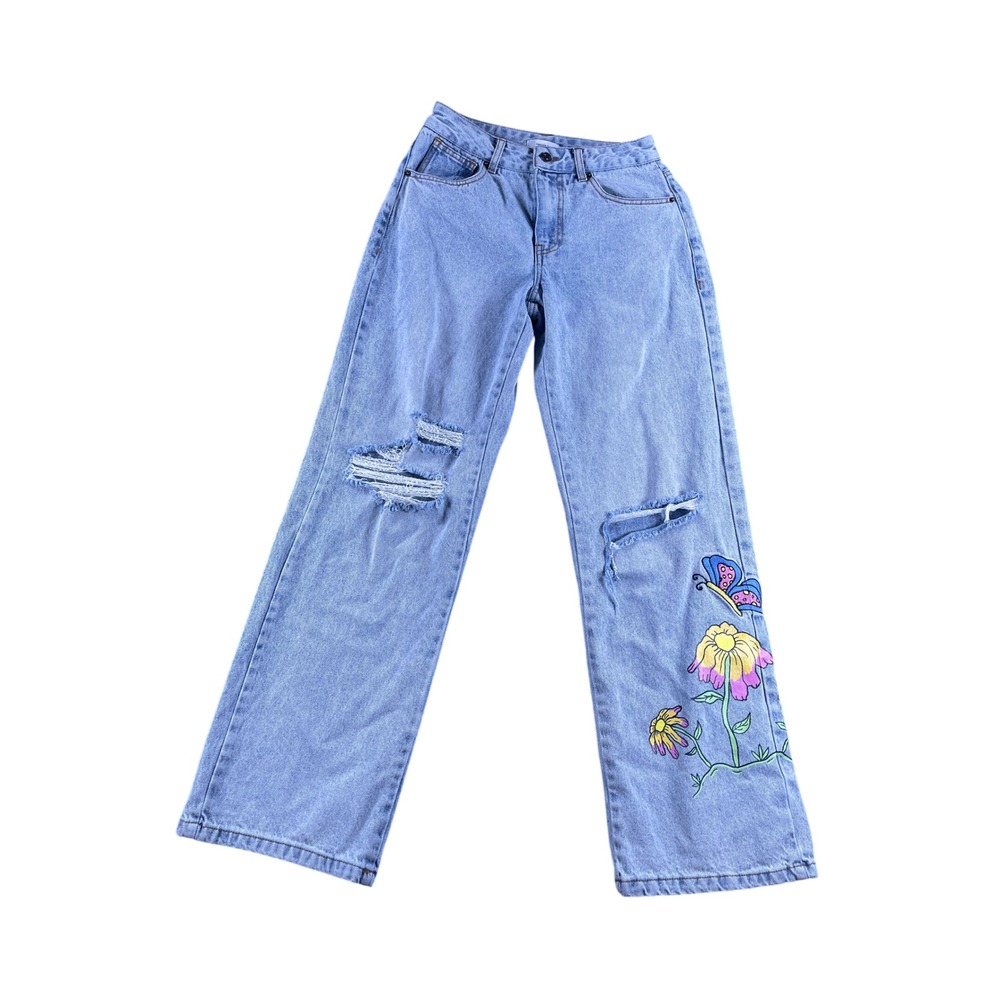Forever 21 Mid Rise Wide Leg Distressed Floral Butterfly Jeans Light Wash 24